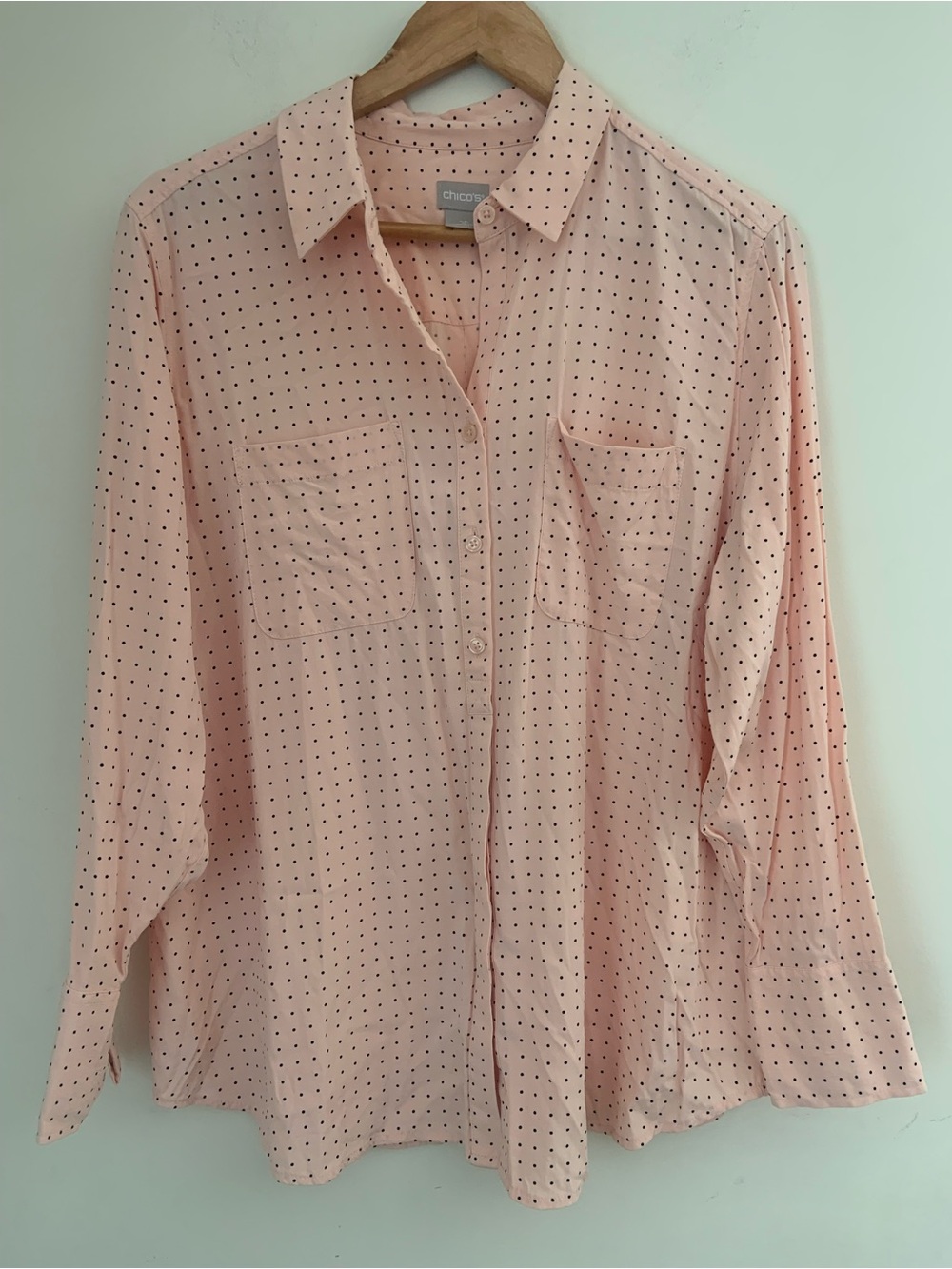 Chico's Pale Peach Modal Button-Down Shirt Black Dot Print Hidden Buttons 2P